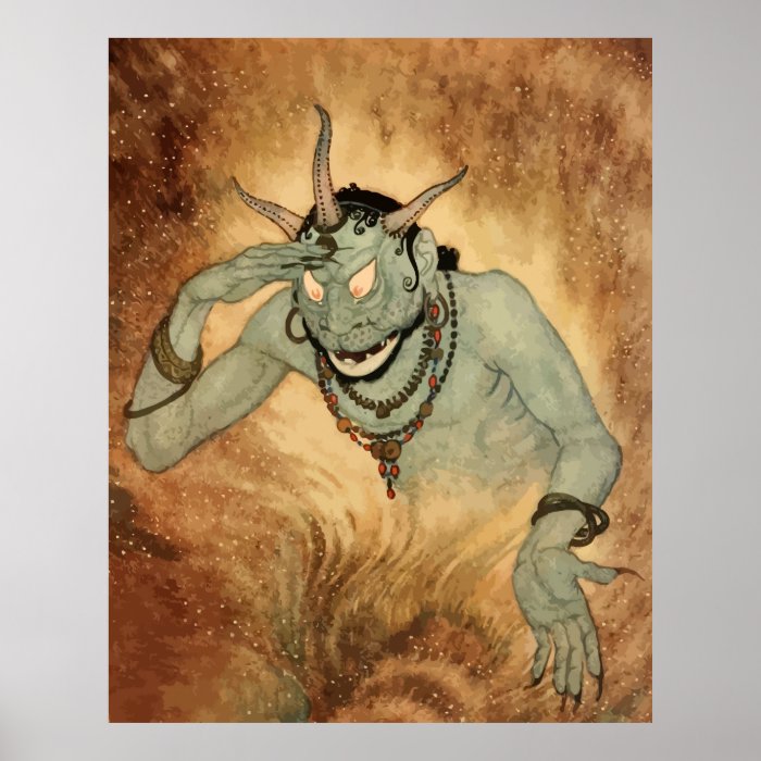 Vintage Halloween, Spooky Demon Monster with Horns Print