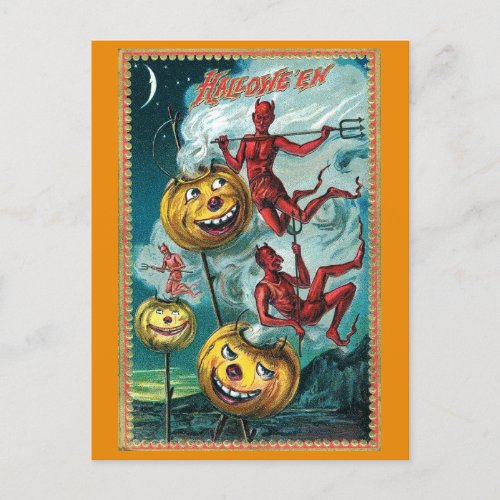 Vintage Halloween Spooky Devil Pumpkin Postcard