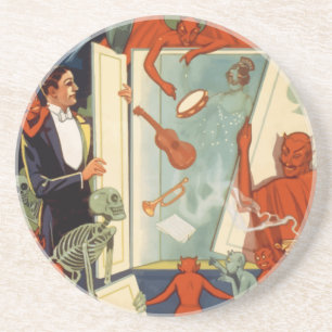 Vintage Halloween, Spooky Magic Act with Magician Drink Coaster