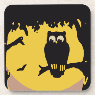 Vintage Halloween, Spooky Owl in Tree with Moon Beverage Coaster