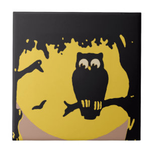 Vintage Halloween, Spooky Owl in Tree with Moon Ceramic Tile