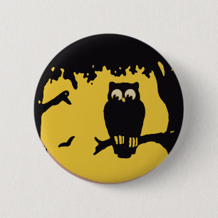 Vintage Halloween, Spooky Owl in Tree with Moon Pinback Button