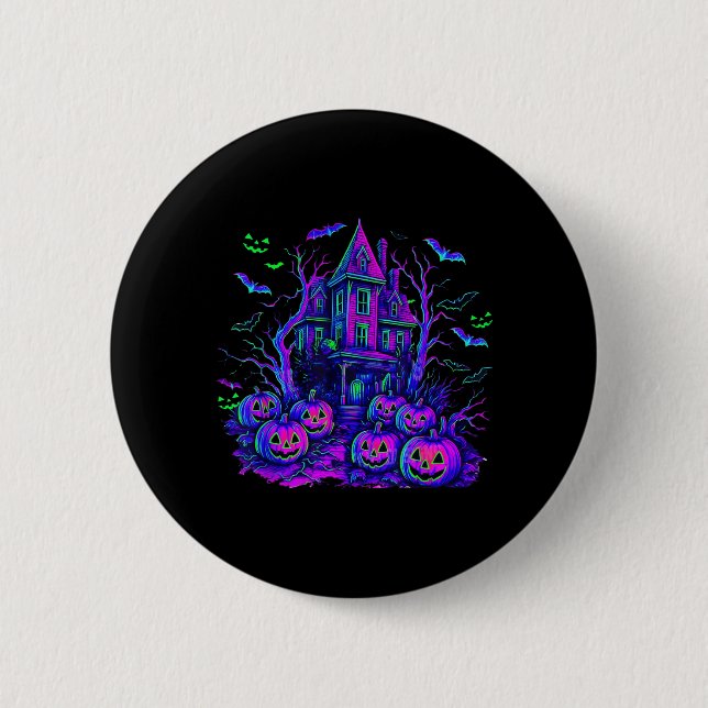 Vintage Halloween Spooky Scene Retro Pumpkin Scary Button (Front)