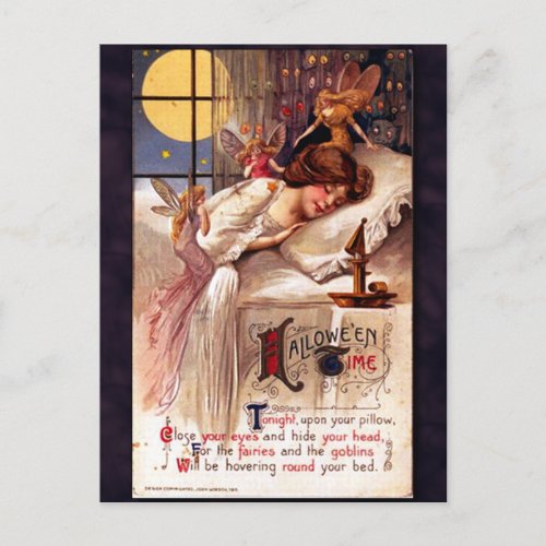 Vintage Halloween Time Faeries and Sleeping Girl Holiday Postcard