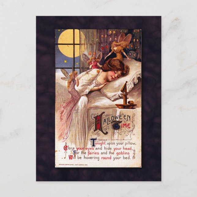 Vintage Halloween Time Faeries and Sleeping Girl Postcard (Front)