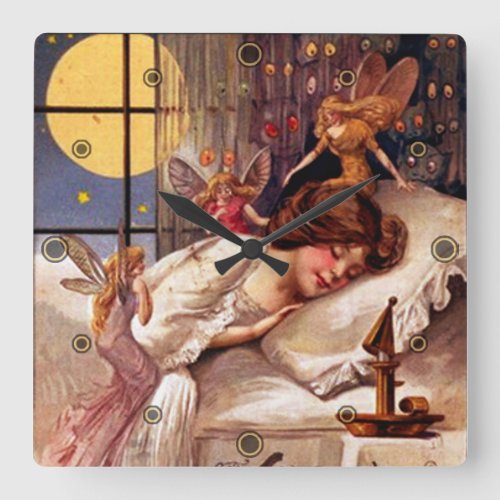 Vintage Halloween Time Faeries and Sleeping Girl Square Wall Clock