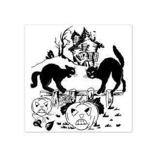 Vintage Halloween Trick or Treat Black Cats Rubber Stamp