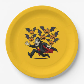 Vintage Halloween Vampire and Flying Pumpkin Bats Paper Plates