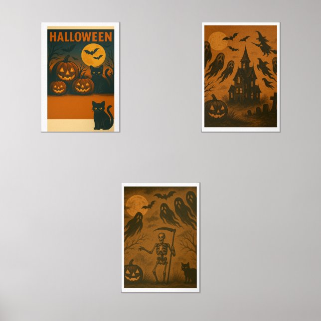 Vintage Halloween Wall Art Poster Set – Black Cat, (Front)