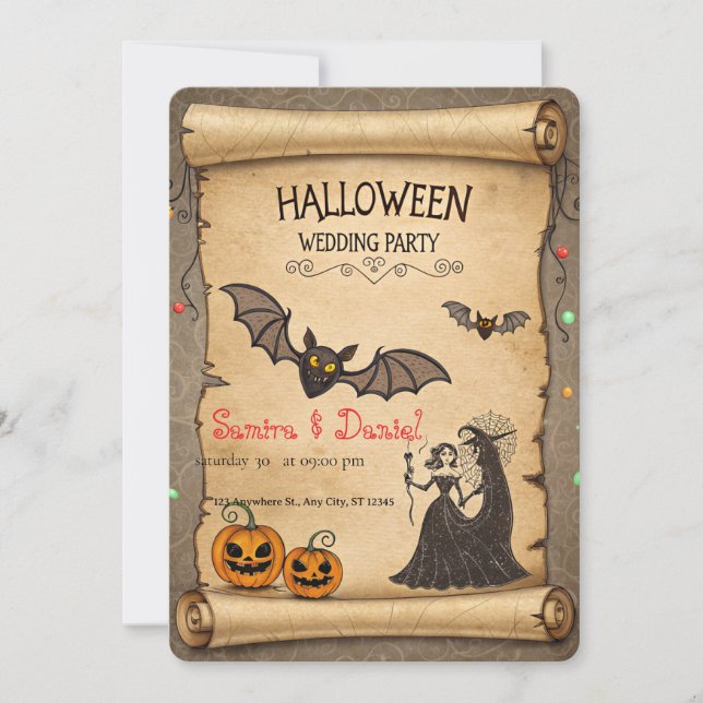 Vintage Halloween Wedding Invitation Scroll (Front)