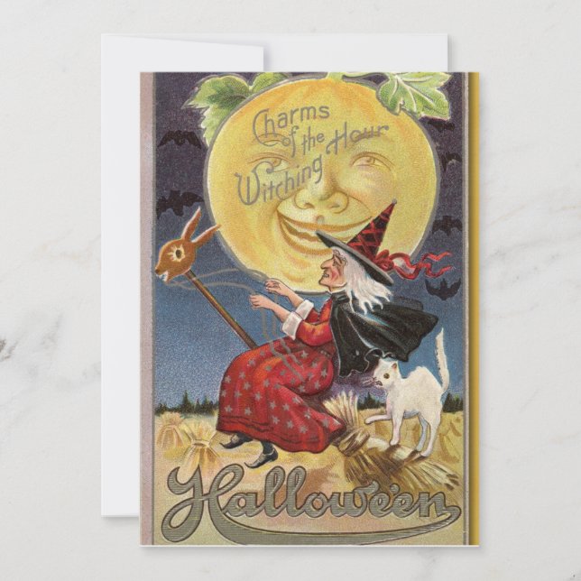 Vintage Halloween Witch and Big Moon  Holiday Card (Front)