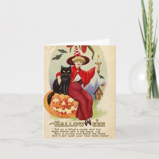 Vintage Halloween Witch and Black Cat Card (Front)