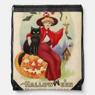 Vintage Halloween Witch and Black Cat Drawstring Bag