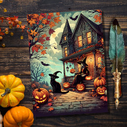 Vintage Halloween Witch and Black Cat Holiday Card