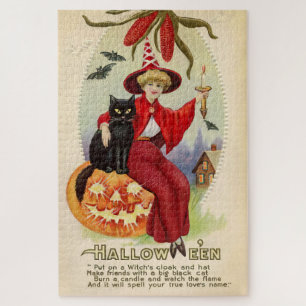 Vintage Halloween Witch and Black Cat Jigsaw Puzzle