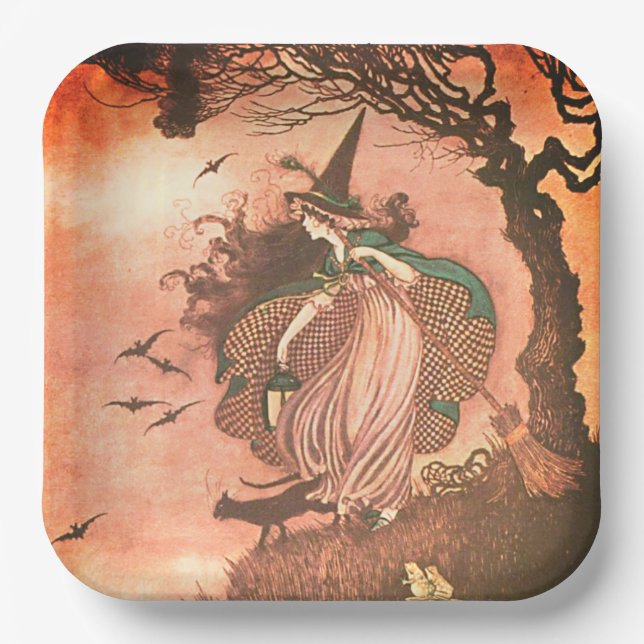 Vintage Halloween Witch and Black Cat Paper Plate (Front)