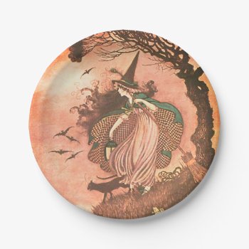 Vintage Halloween Witch And Black Cat Paper Plate by ForEverProud at Zazzle