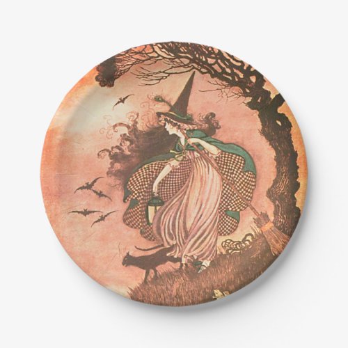 Vintage Halloween Witch and Black Cat Paper Plate