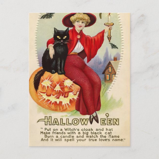 Vintage Halloween Witch and Black Cat Postcard (Front)