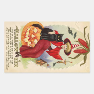 Vintage Halloween Witch and Black Cat Rectangular Sticker