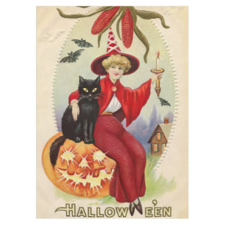 Vintage Halloween Witch and Black Cat Tablecloth