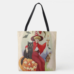 Vintage Halloween Witch and Black Cat Tote Bag