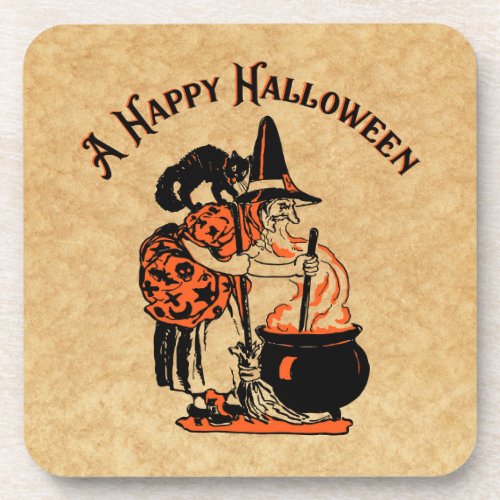 Vintage Halloween Witch and Caldron Beverage Coaster