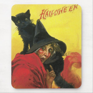 Vintage Halloween Witch and Cat Mouse Pad