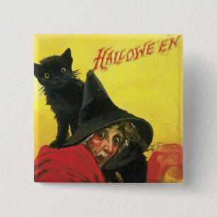 Vintage Halloween Witch and Cat Pinback Button