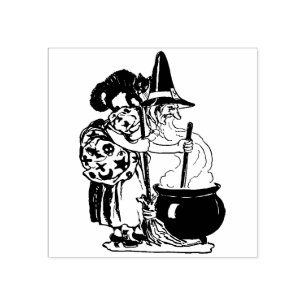 Vintage Halloween Witch and Cat Stamp