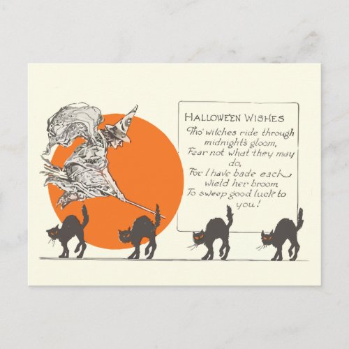 Vintage Halloween Witch and Cats Postcard