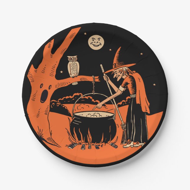 Vintage Halloween Witch and Cauldron Paper Plates (Front)