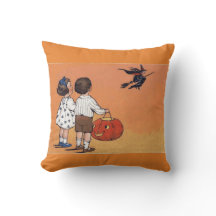 Vintage Halloween Witch and Children Throw Pillow