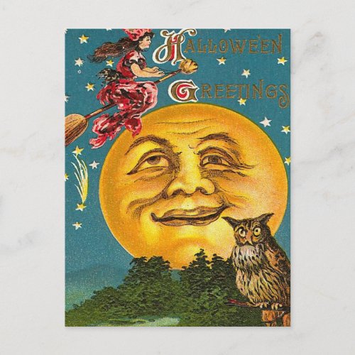Vintage Halloween Witch and Full Moon  Postcard