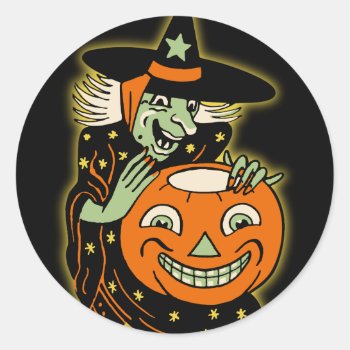 Vintage Halloween Witch And Jack O'lantern Classic Round Sticker by Vintage_Halloween at Zazzle