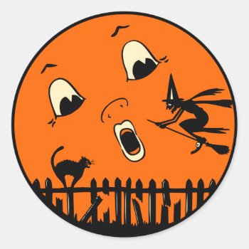 Vintage Halloween Witch And Moon Classic Round Sticker by Vintage_Halloween at Zazzle