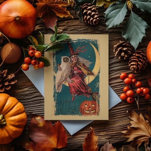 Vintage Halloween Witch And Owl Holiday Card