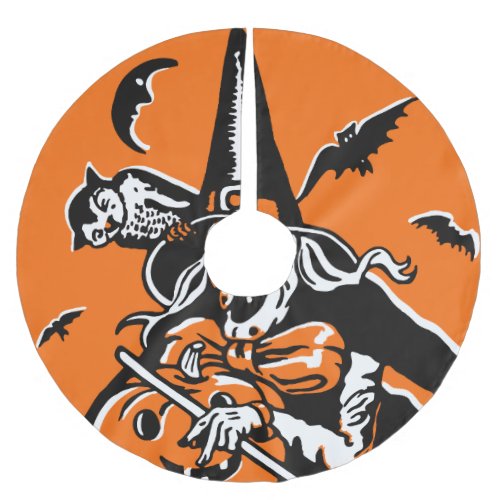 Vintage Halloween Witch and Owl Illustration Brushed Polyester Tree Skirt