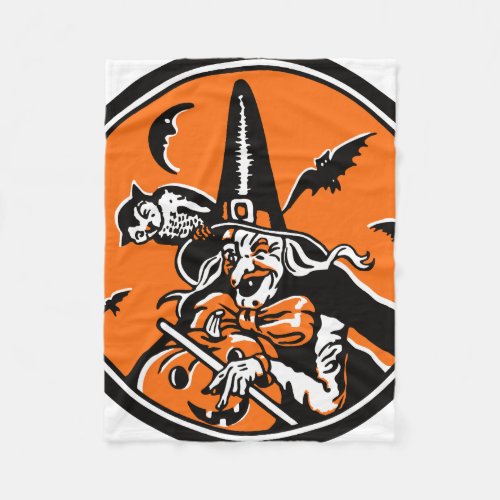 Vintage Halloween Witch and Owl Illustration Fleece Blanket