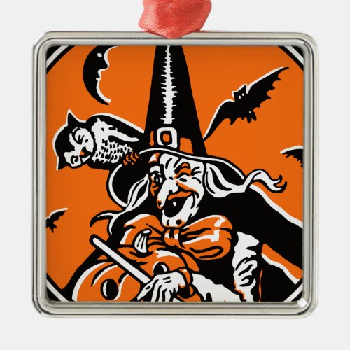 Vintage Halloween Witch and Owl Illustration Metal Ornament