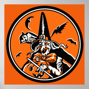 Vintage Halloween Witch and Owl Illustration Poster