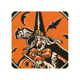 Vintage Halloween Witch and Owl Illustration Wood Wall Art