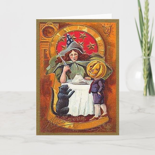 Vintage Halloween Witch and Pumpkin Head Boy Card (Front)