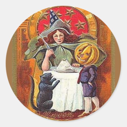Vintage Halloween Witch and Pumpkin Head Boy Classic Round Sticker