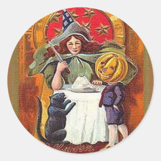 Vintage Halloween Witch and Pumpkin Head Boy Classic Round Sticker