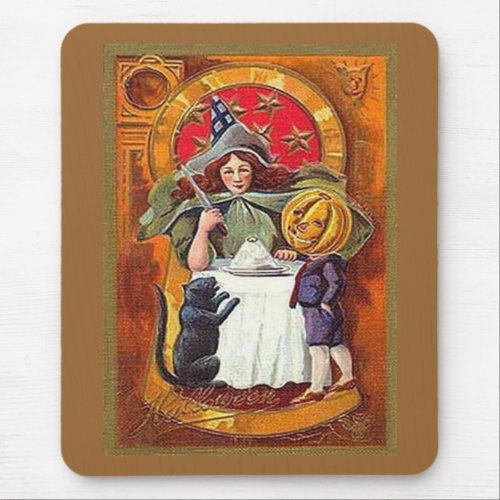 Vintage Halloween Witch and Pumpkin Head Boy Mouse Pad