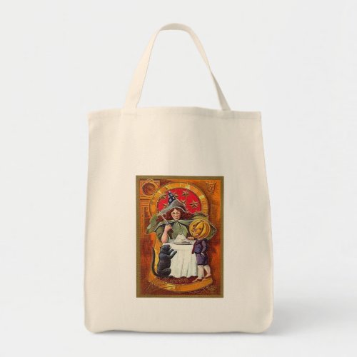 Vintage Halloween Witch and Pumpkin Head Boy Tote Bag