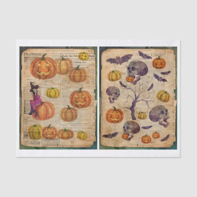 Vintage Halloween Witch and Skull Decoupage Tissue Paper (Front)