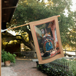 Vintage Halloween Witch & Black Cat House Flag