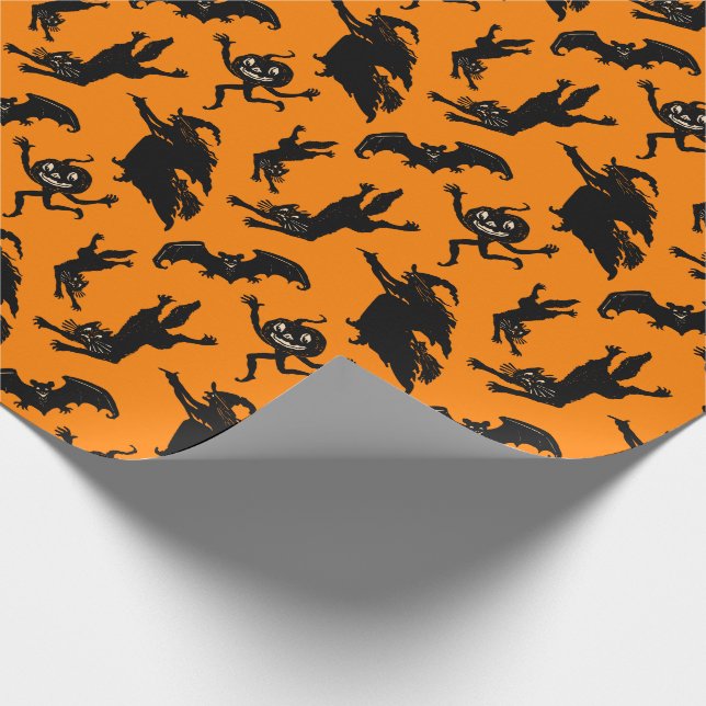 Vintage Halloween Witch Black Cat Jack O'Lantern Wrapping Paper (Corner)